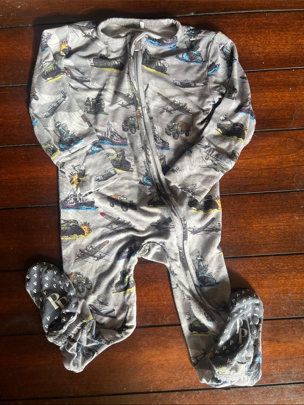 Posh Peanut Grey Military Vehicle Print Footed One-Piece